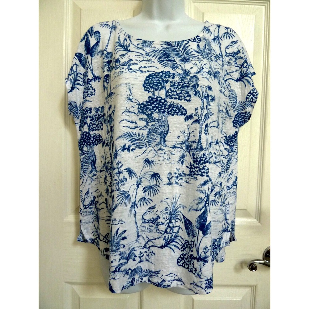 Nicole Miller XL 16 Linen Cap Sleeve Tropical Trees Blouse Top Blue White